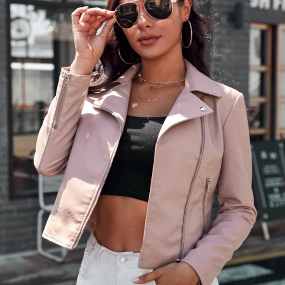 blush biker moto leather zipper motorcycle jacket - Picture 3 of 5